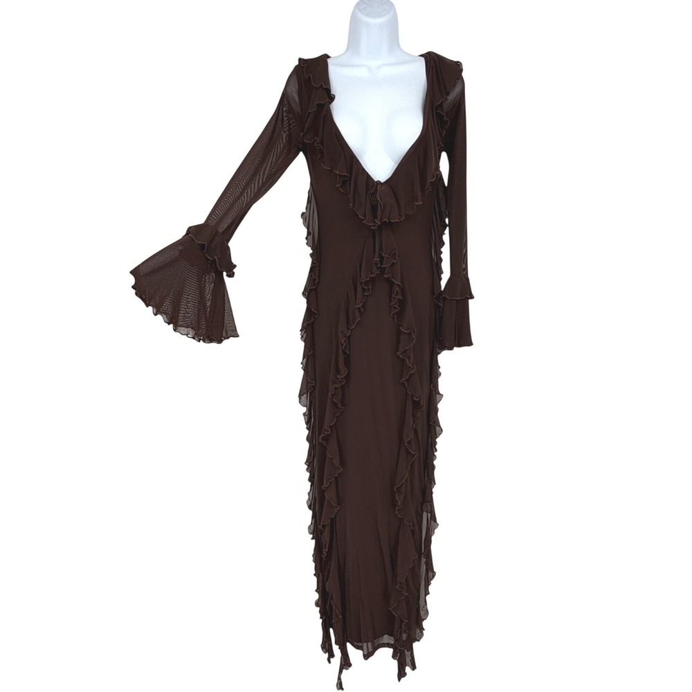 Chocolate Brown Mesh Ruffle Maxi Dress Bell Sleeve Fairy Grunge Y2K